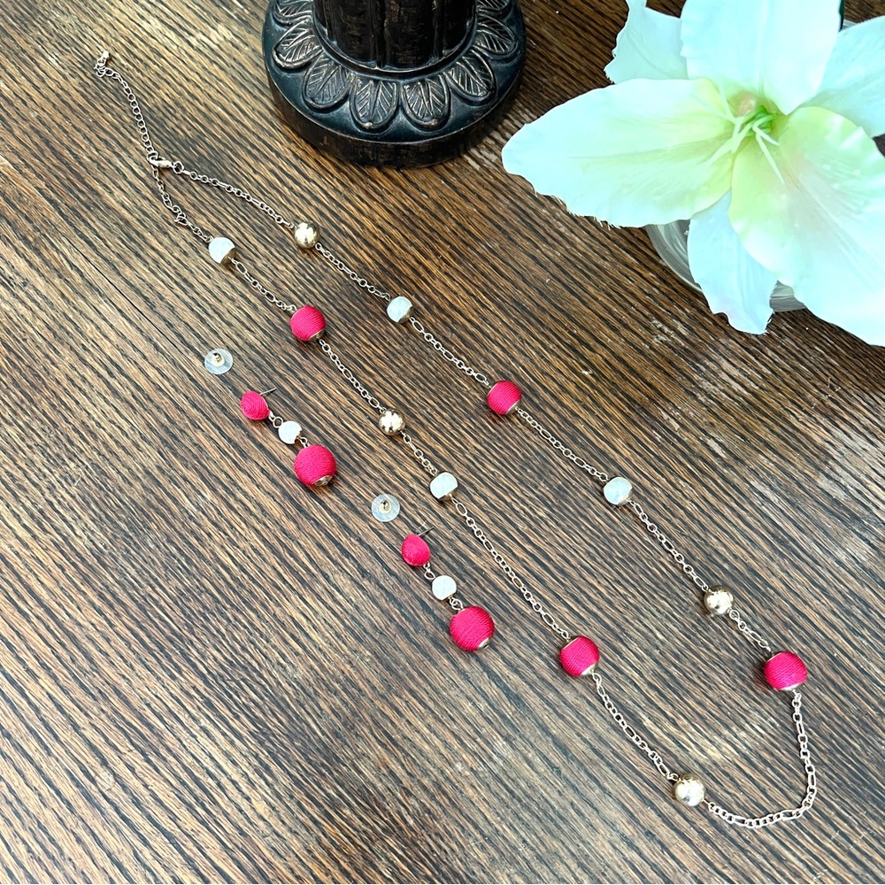 Necklace and earrings set red gold pearl strand costume jewelry